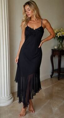 VTG 90s Y2K California Dynasty Black Beaded Lace Slip Dress Asymmetrical Hem L